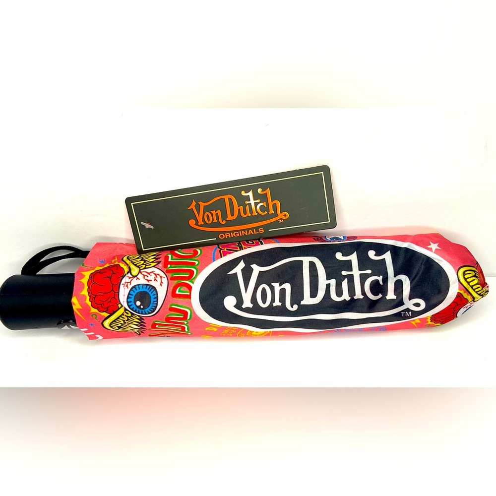 Von Dutch Pink Logo Skull Compact Umbrella